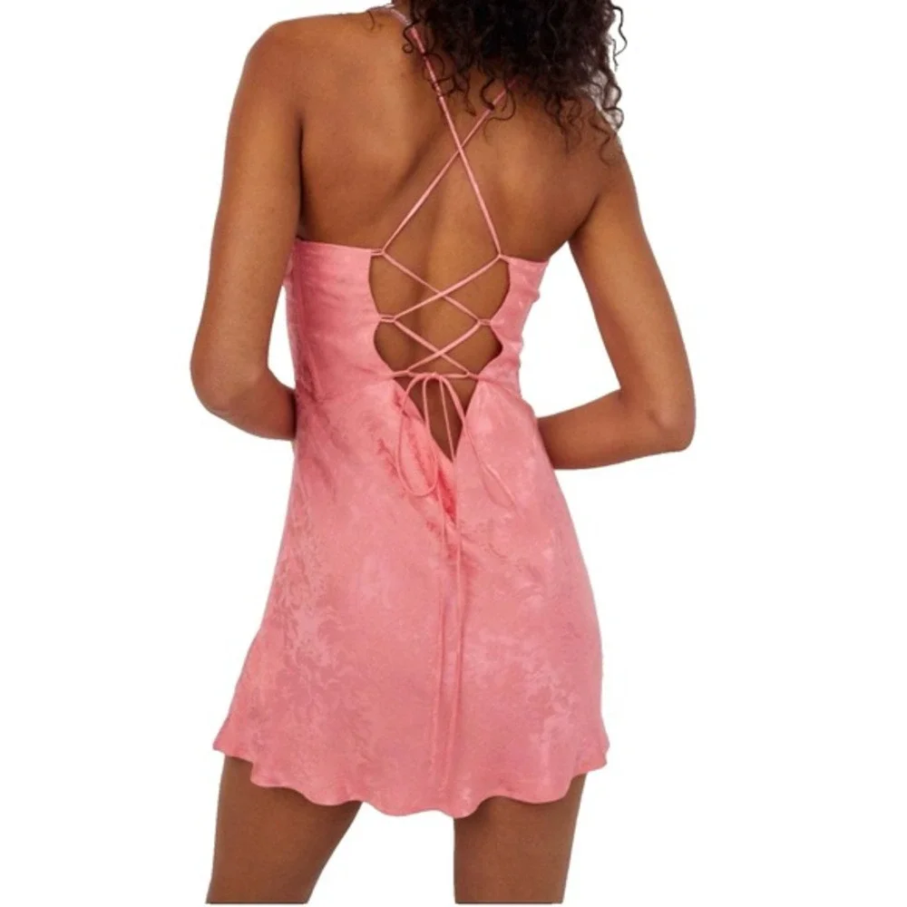 NEW For Love and Lemons Gabrielle Mini Slip Dress Pink Floral‎ Satin Medium Y2K - Picture 2 of 16